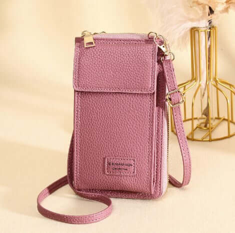 Shoulder Bag, Crossbody Bag, Phone Wallet, Letter Bag in pink with zipper buckle opening and detachable strap.