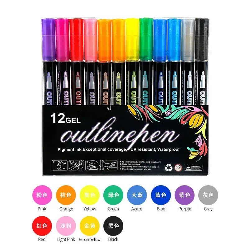 12 colorful gel outline pens with vibrant shades, showcasing exceptional coverage and waterproof features.