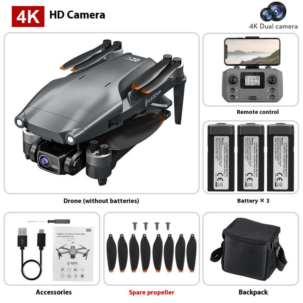 L600PRO Folding Four-axis Drone with HD camera, remote control, batteries, and accessories.
