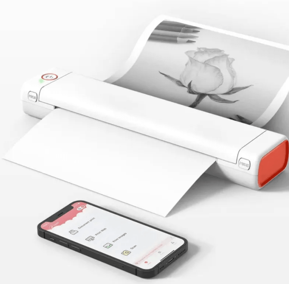 Portable A4 Thermal Printer printing a design with a smartphone connected, highlighting its compact and mobile features.