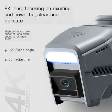 Close-up of 8K lens on mini remote control helicopter drone for clear aerial photography.