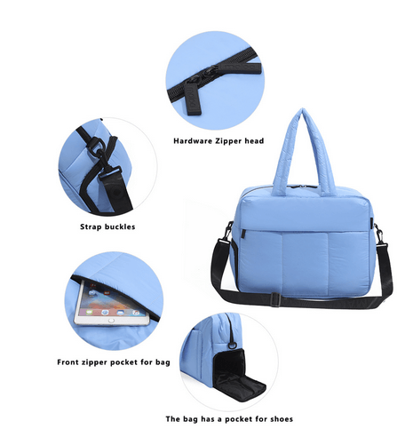 women's winter travel duffle bag featuring multiple pockets, including a shoes compartment and stylish blue design.