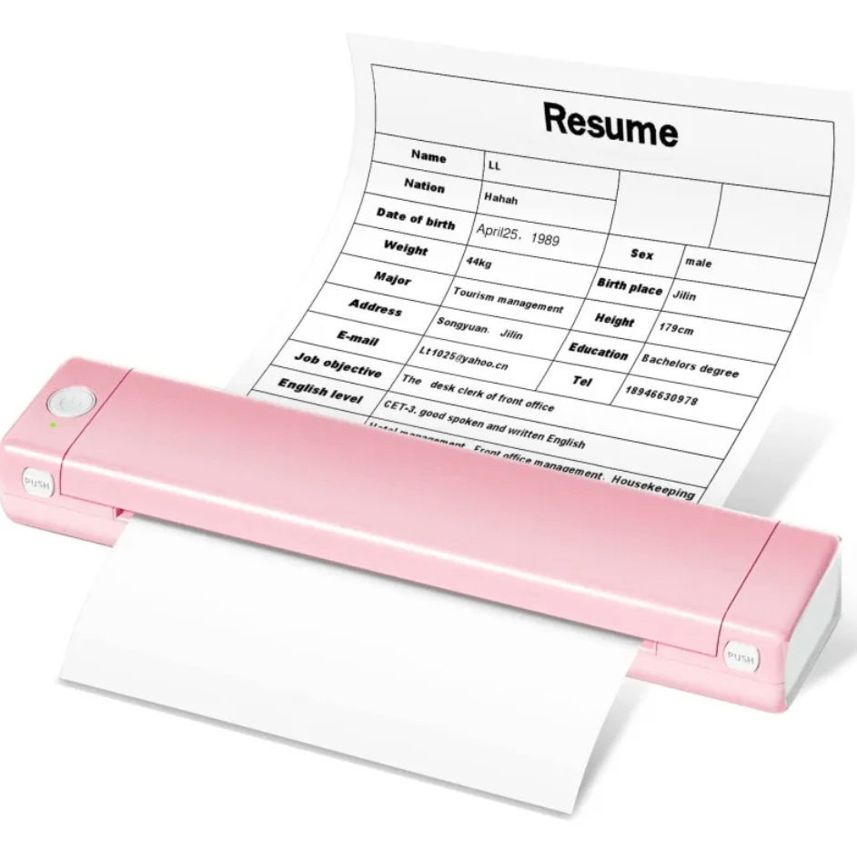 Portable A4 Thermal Printer printing a resume on a compact device, ideal for students and professionals.
