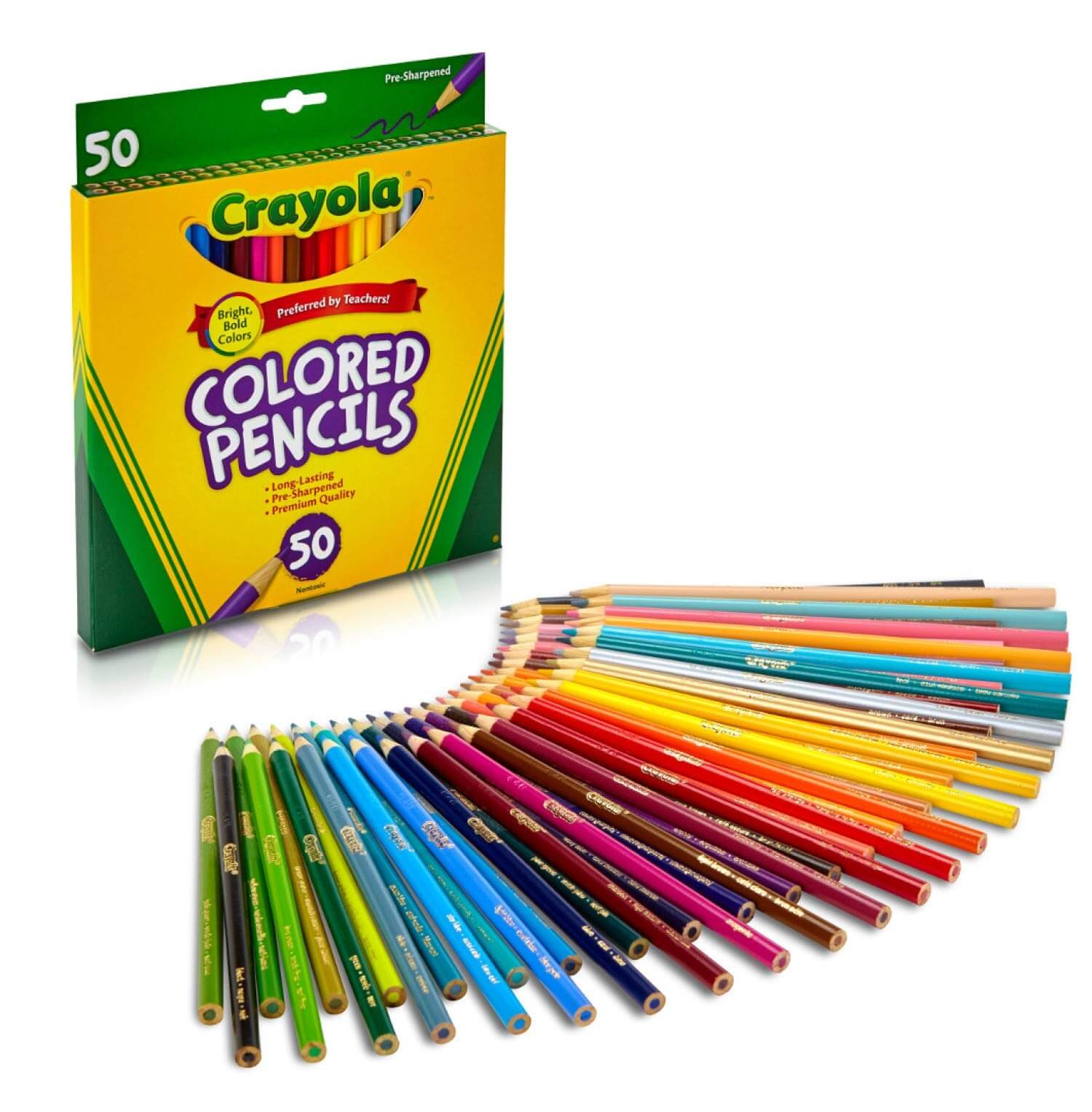 Crayola Colored Pencils 50 Count packaging with a vibrant array of colored pencils fanned out.