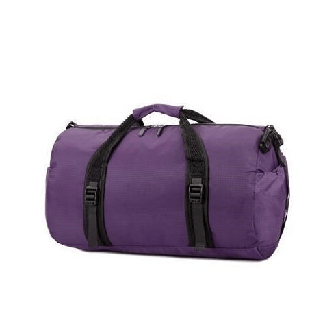 Foldable gym travel bag in purple color, ideal for workouts and weekend trips, showcasing its versatile design.
