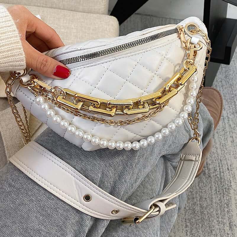 Stylish Women's Diamond Chain Crossbody Bag with chic pearl and gold chain detailing.