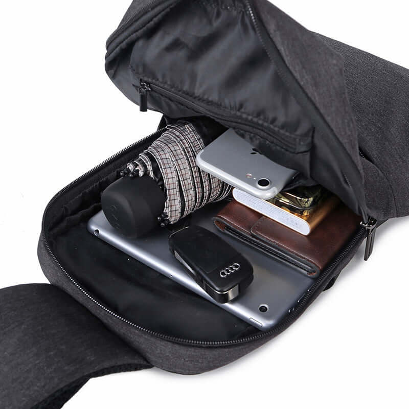 Inside view of stylish chest bags collection showing compartments for organized storage of essentials.