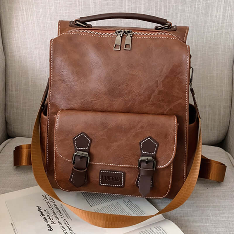 Trendy Vintage Women's PU Leather Backpack in Brown for Travel and Everyday Use