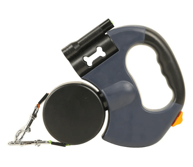 Automatic double dog leash with telescopic design and built-in light for convenient pet walking.