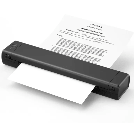 Wireless Thermal Printer printing document with portable design and inkless technology.