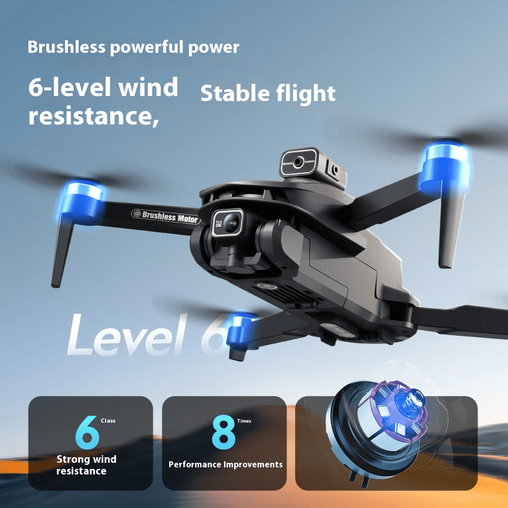 Intelligent 8K GPS Drone with Obstacle Avoidance showcasing brushless motor, 6-level wind resistance, and stable flight features.
