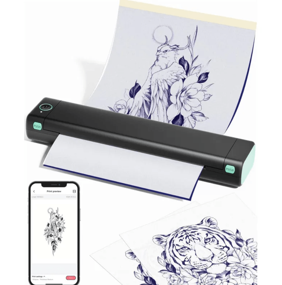 Portable A4 Thermal Printer printing artwork with mobile app preview for clear, ink-free documents.