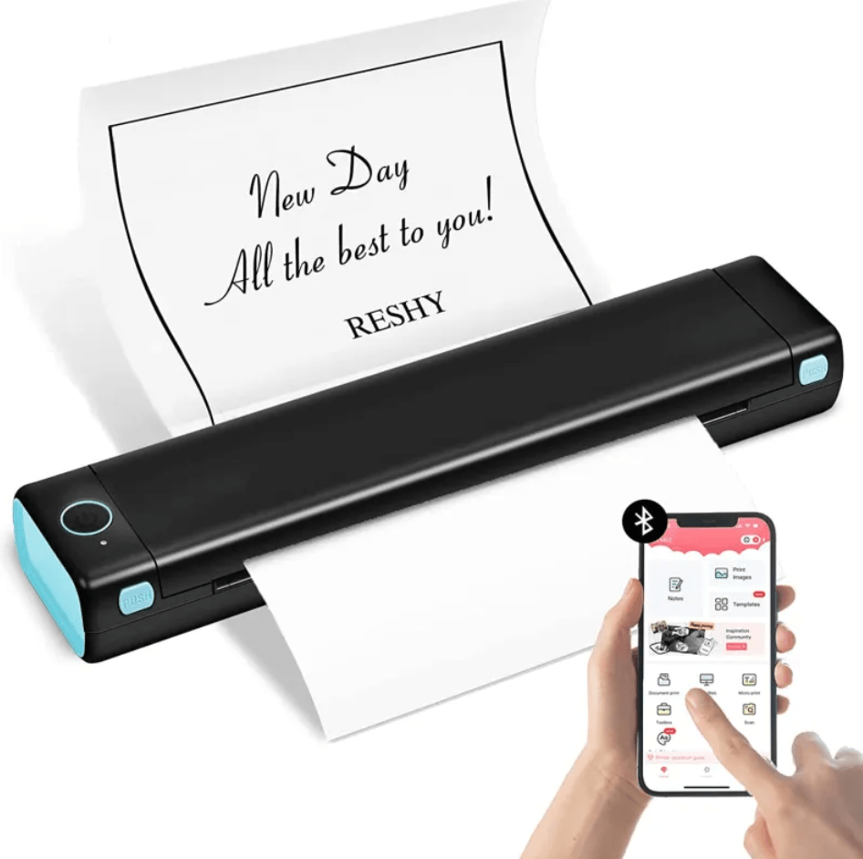 Portable A4 Thermal Printer printing a note with Bluetooth connectivity for mobile devices.