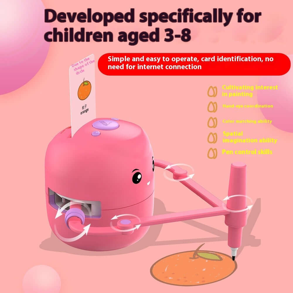 Intelligent automatic drawing robot for kids showcasing a pink design, ideal for children aged 3-8.