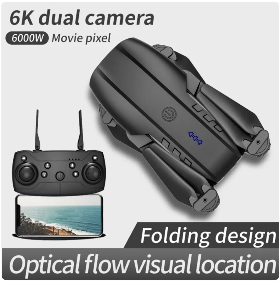 E99 Folding 4K Camera Drone with Remote Control, featuring a dual camera and a sleek folding design.