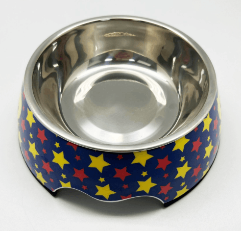 Non-Slip Dual-Use Stainless Steel Pet Bowl with colorful star design.