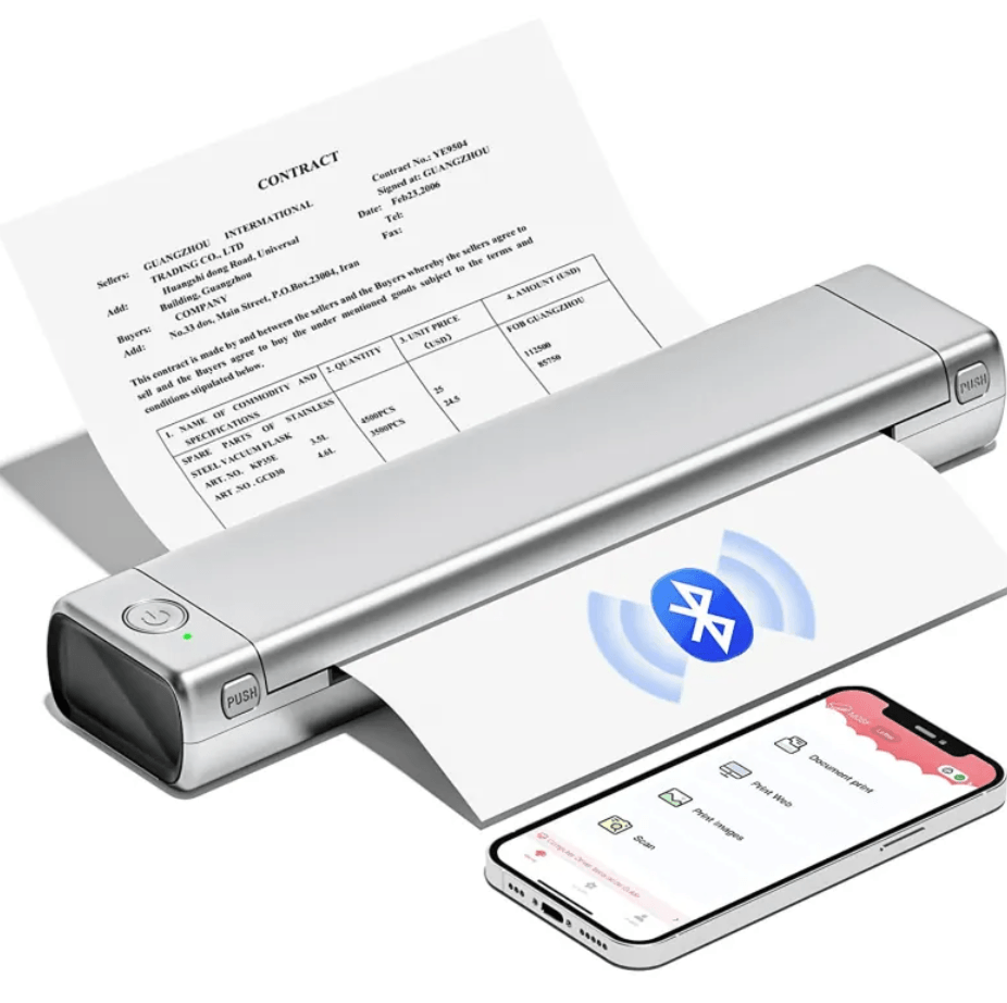 Portable A4 Thermal Printer printing document with a smartphone for easy mobile printing.