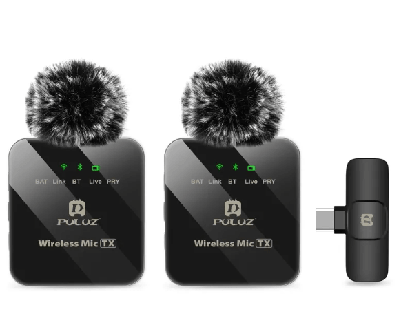 Neck Clip Microphone wireless system with two transmitters and a Type-C connector for Android devices.