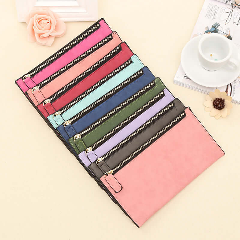 Personalized Long Wallet for Women in various vibrant colors arranged neatly.