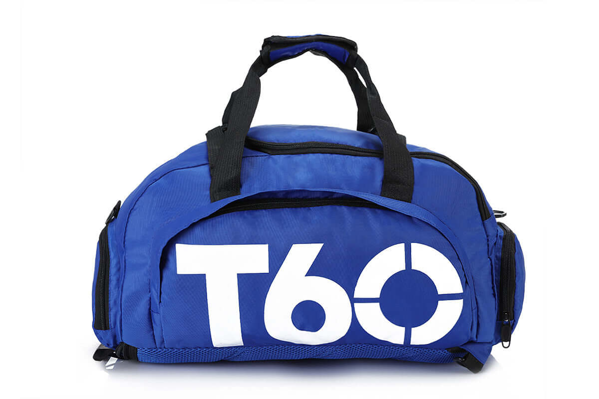 T60 Backpack, Travel Bag, Tote Bag, Gym Bag in vibrant blue with a prominent logo and dual straps.