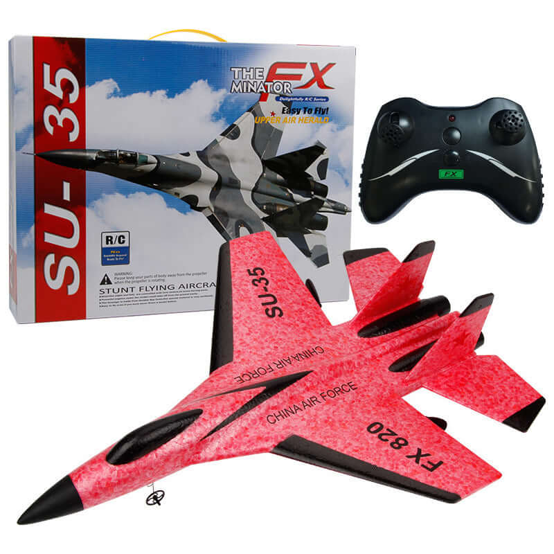 FX820 Electric Remote Control Mini Fighter Plane Model with controller and packaging shown in vibrant red and black design.