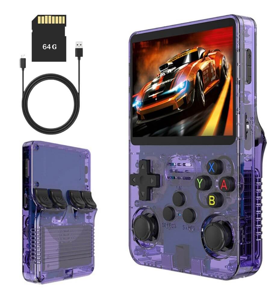 64GB Handheld Game Console with charging cable and game graphics display in transparent purple design.