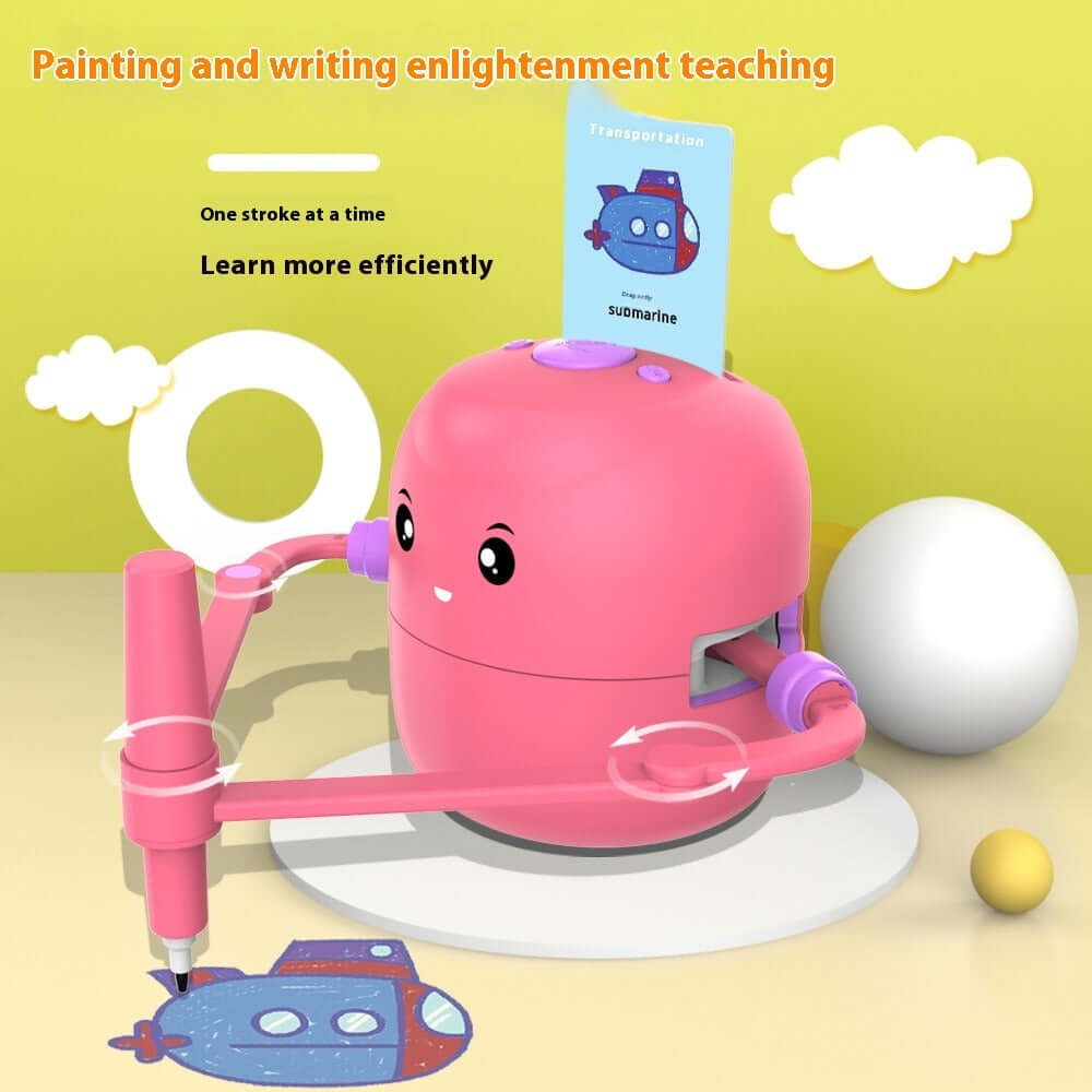Intelligent Automatic Drawing Robot in pink, engaging children in creative drawing and writing education.