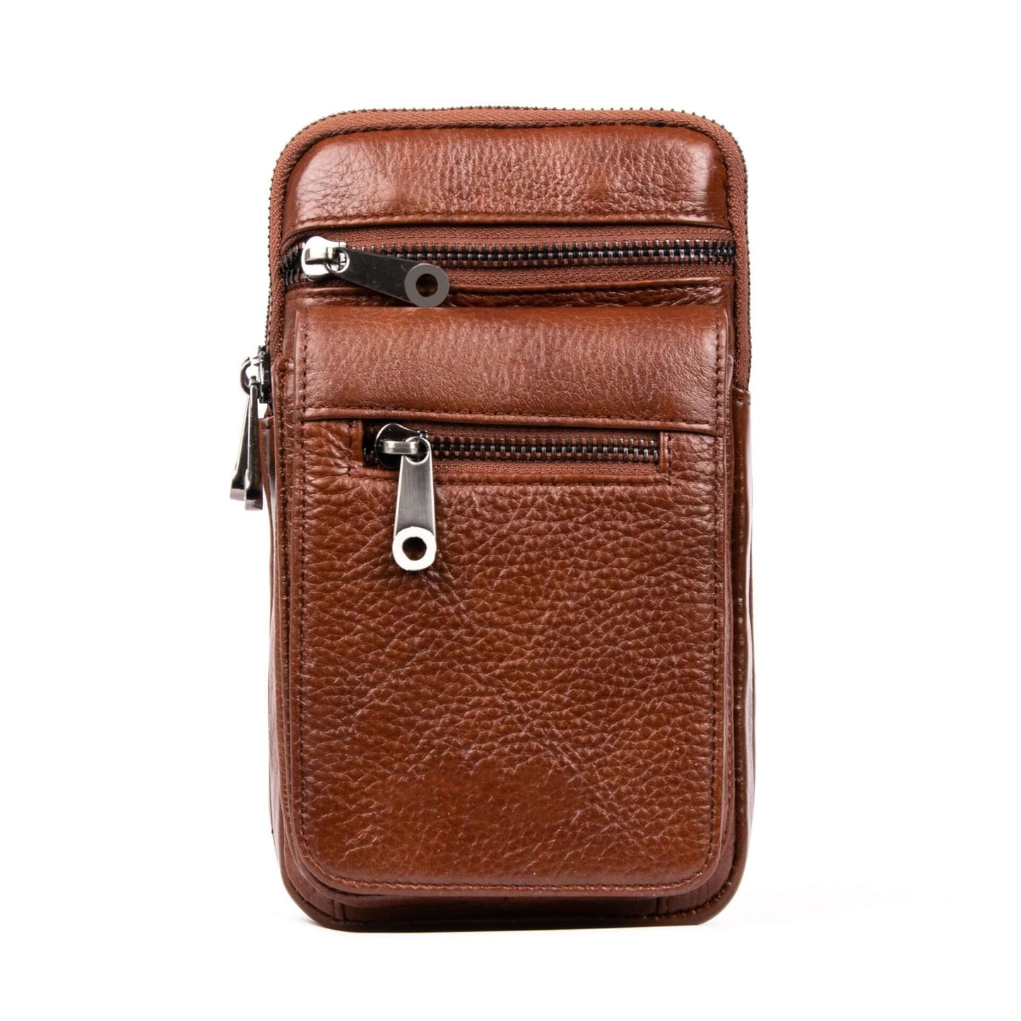 Men's solid color waist bag made of genuine cowhide with multiple zippers for easy access and organization.