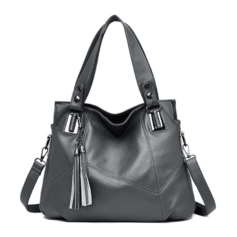 Fashionable Soft Leather Large Shoulder Bag for Women in stylish gray with tassel and dual handle