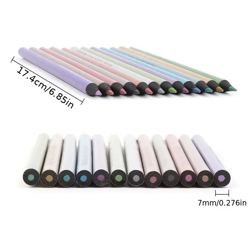 12 Colors Metallic Colored Pencils Art Supplies Set displayed in two rows with vibrant colors and dimensions shown.