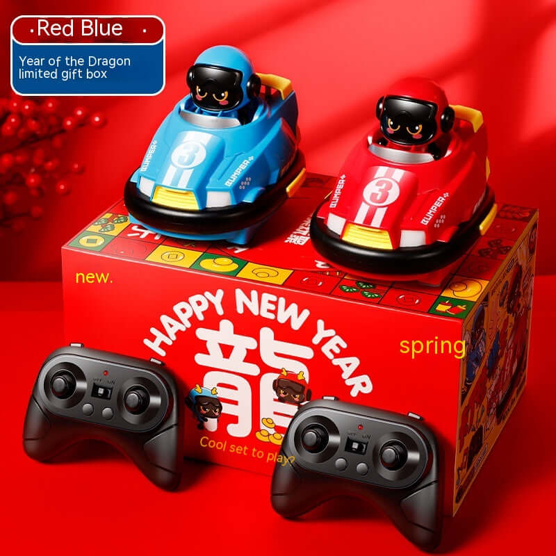 Remote control bumper car toy for toddlers set with colorful cars and remote controls in limited edition gift box.