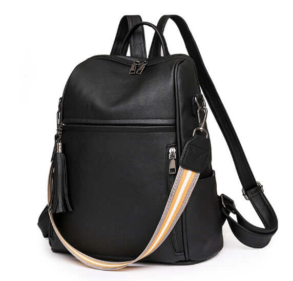 Fashionable anti-theft travel backpack in black with stylish straps and elegant design.