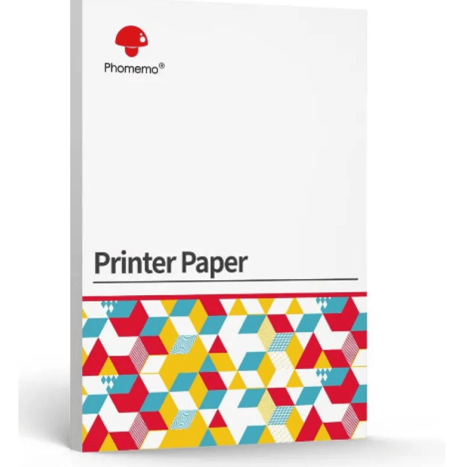 Portable A4 Thermal Printer compatible printer paper in colorful geometric design.