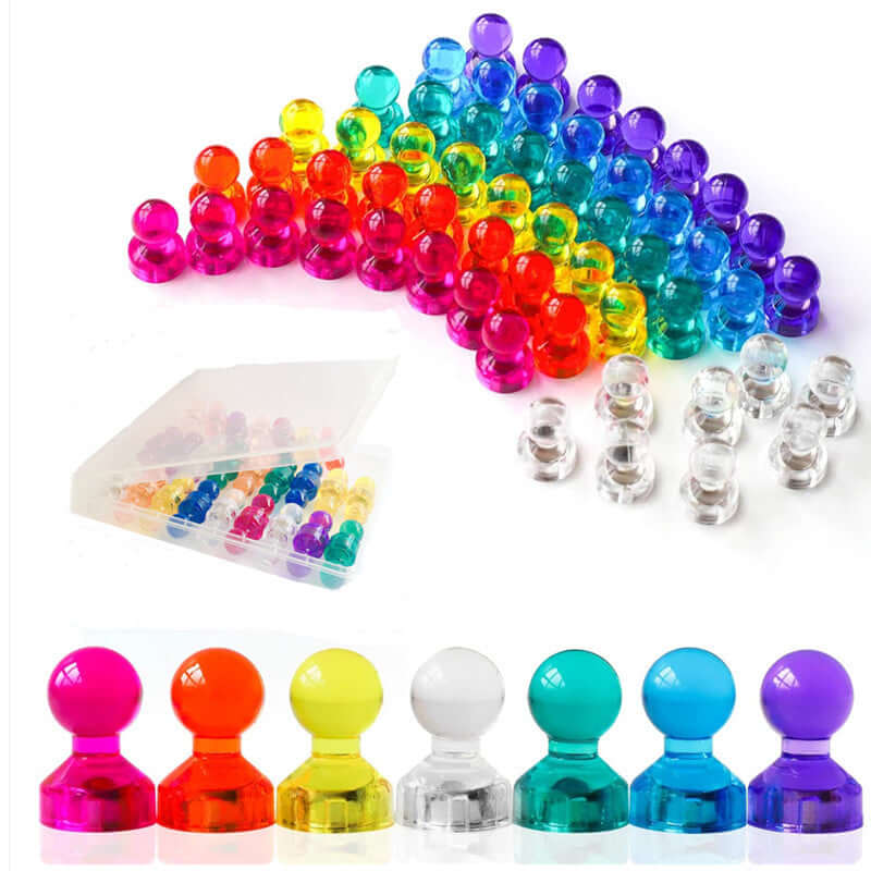 Colorful magnetic push pins in various vibrant colors neatly arranged, perfect for office and classroom use.