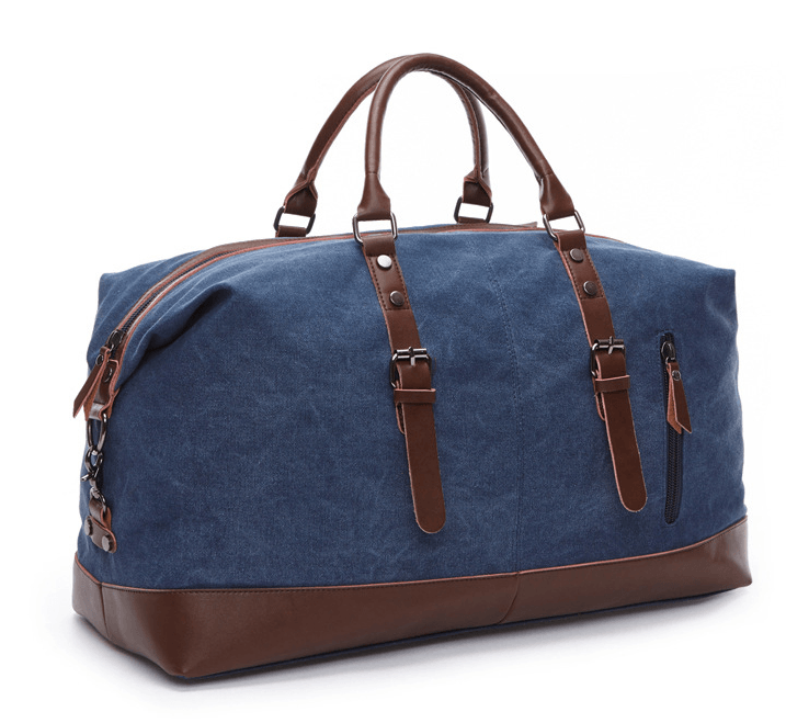 Crossbody travel bag in navy blue with leather accents, ideal for stylish and functional travel.
