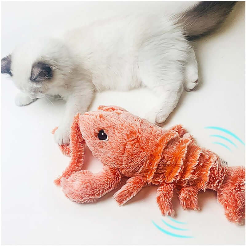 A cat playing with an Electric Dancing Lobster Pet Toy, featuring a plush lobster design with motion.