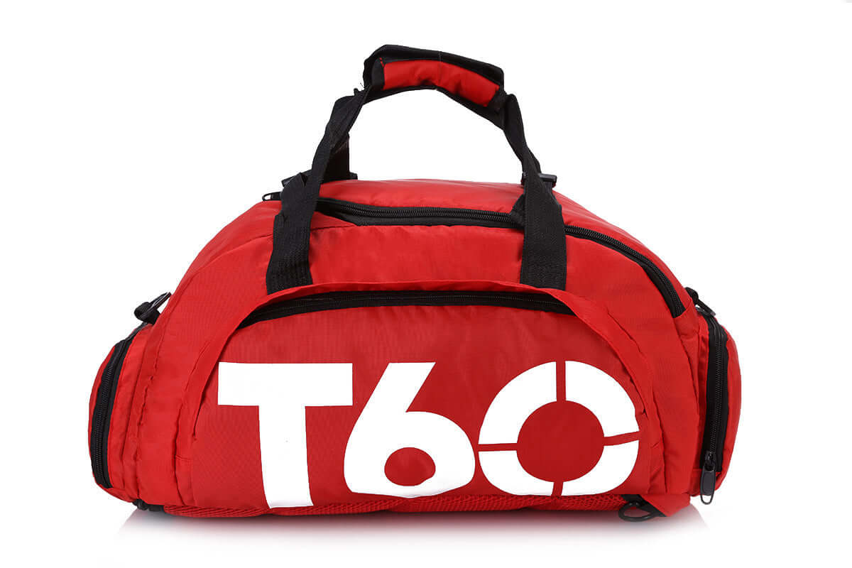 T60 Backpack, Travel Bag, Tote Bag, Gym Bag in vibrant red with multiple compartments and durable design.