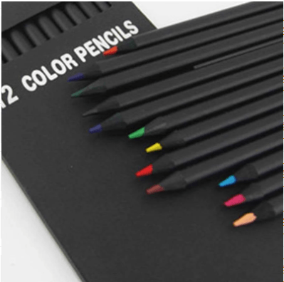 Black Wooden Colored Pencil Set for Drawing featuring 12 vibrant colors arranged in a sleek display.