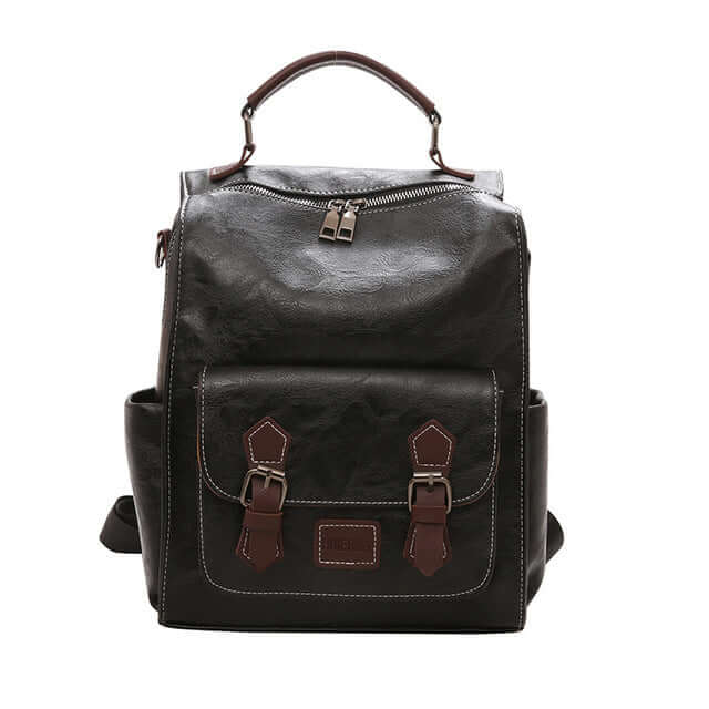 Trendy vintage women's PU leather backpack in black with unique design and stylish detailing.