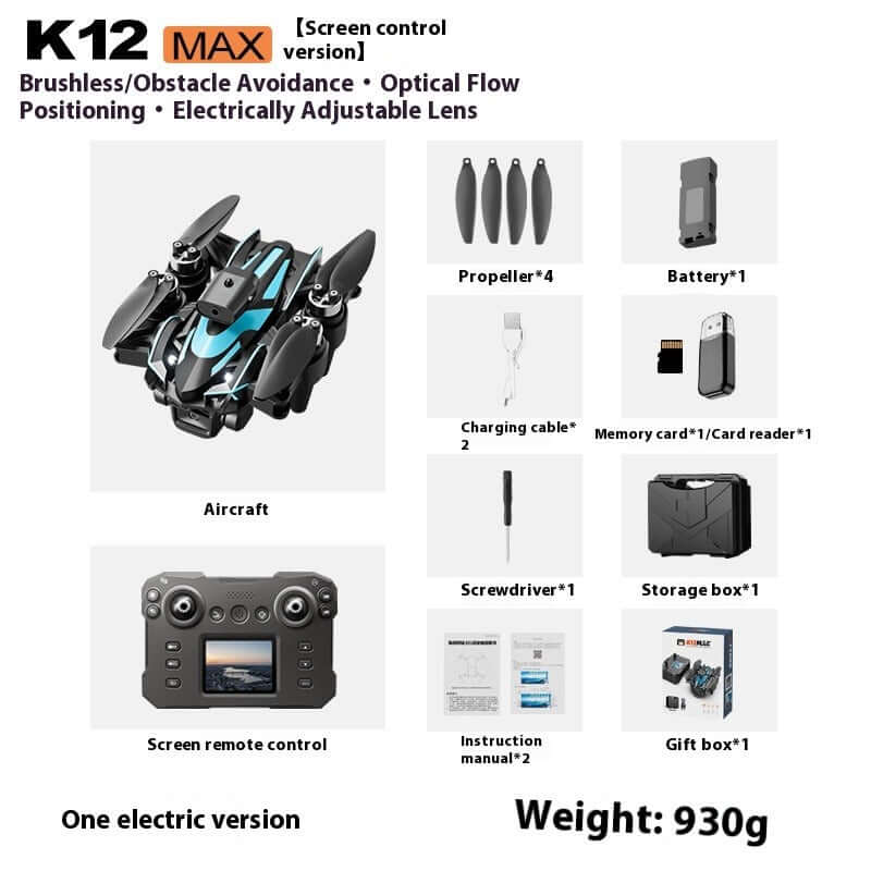 K12MAX Brushless UAV with Screen Remote packaging showcasing aircraft, remote control, batteries, and accessories.