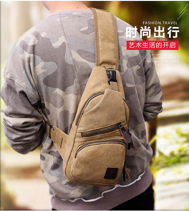 Ergonomic cycling chest bag worn on back by a person in a stylish camo sweater, perfect for travel.