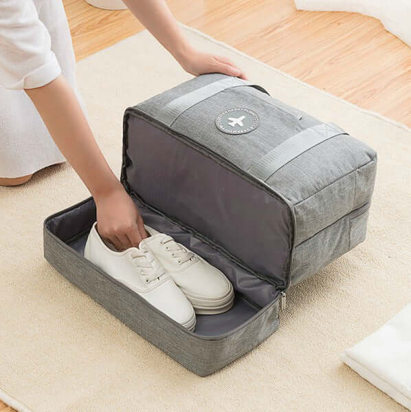 Beach Bag, Swim Bag, Robe Bag, Toiletry Bag, Organizer with shoes being organized in a stylish storage solution.