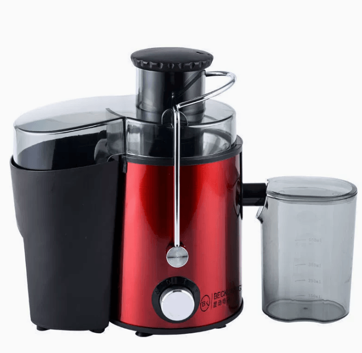 Multi-Function Electric Juicer in red with transparent juice container for easy blending.