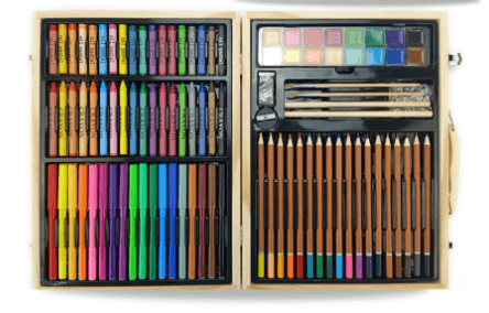 Lockable Colored Pencil Box Bag containing a variety of colored pencils, pastels, and art supplies.