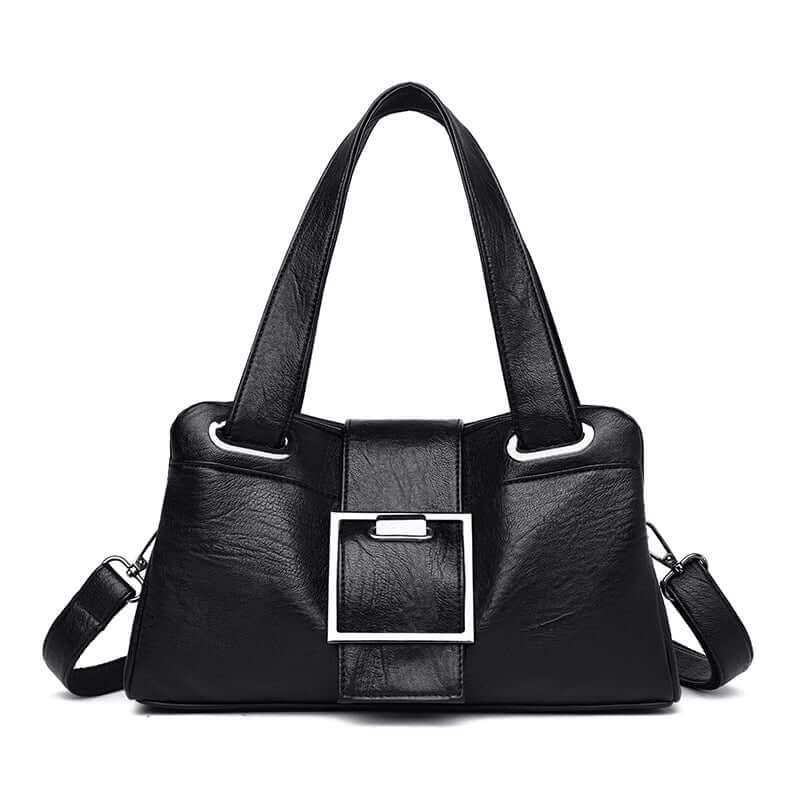 Fashionable European American leather handbag in black, featuring dual handles and a stylish buckle.