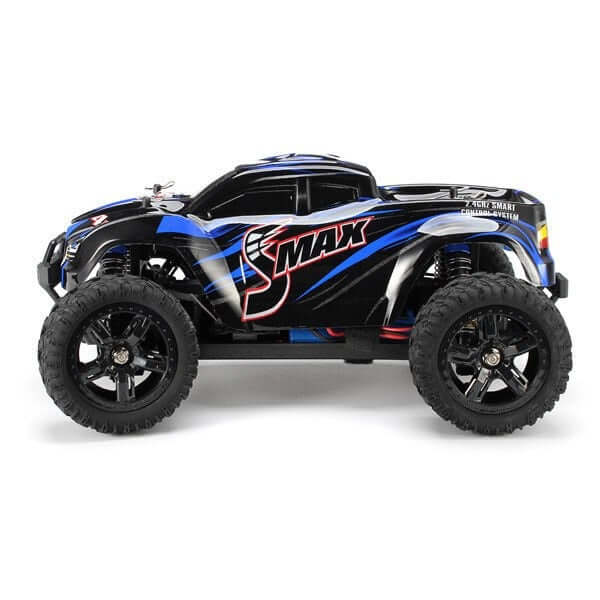 REMO 1631 RC off-road truck in black and blue design with large tires, ideal for rugged terrains.