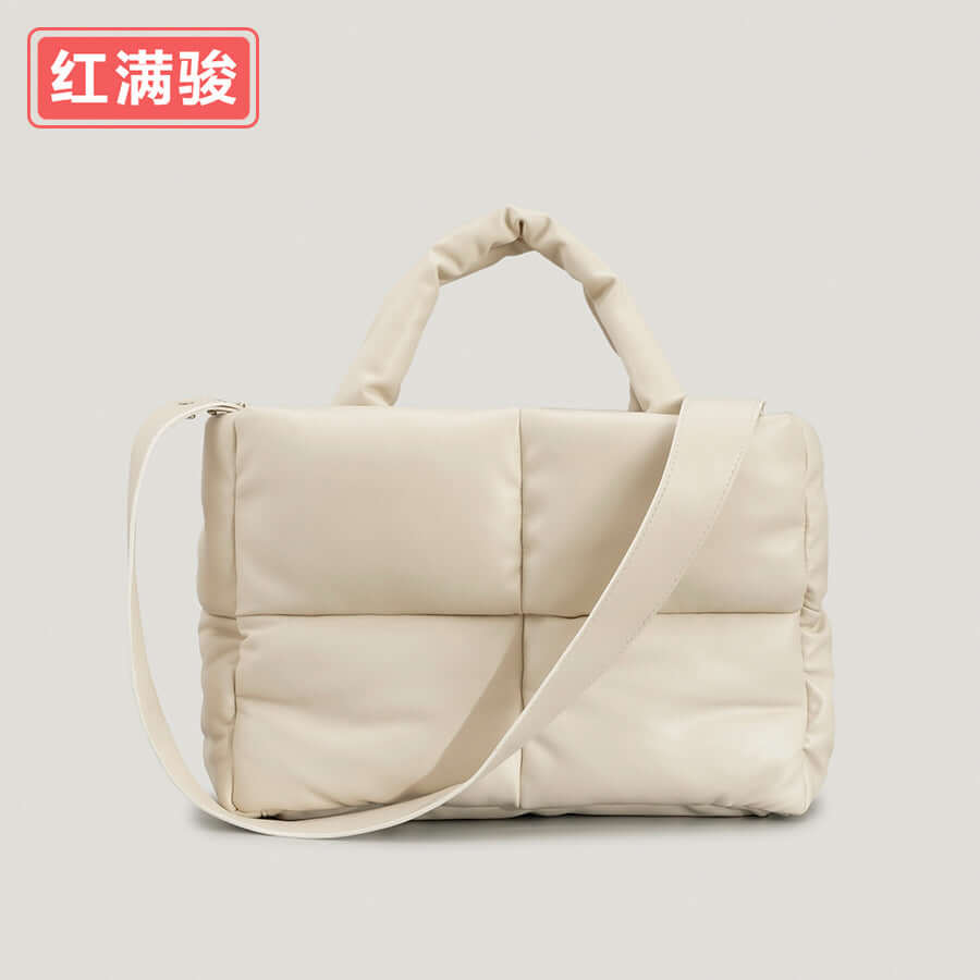 Women's Quilted Square Tote Bag for Autumn/Winter in beige color and soft PU material with unique diamond pattern.