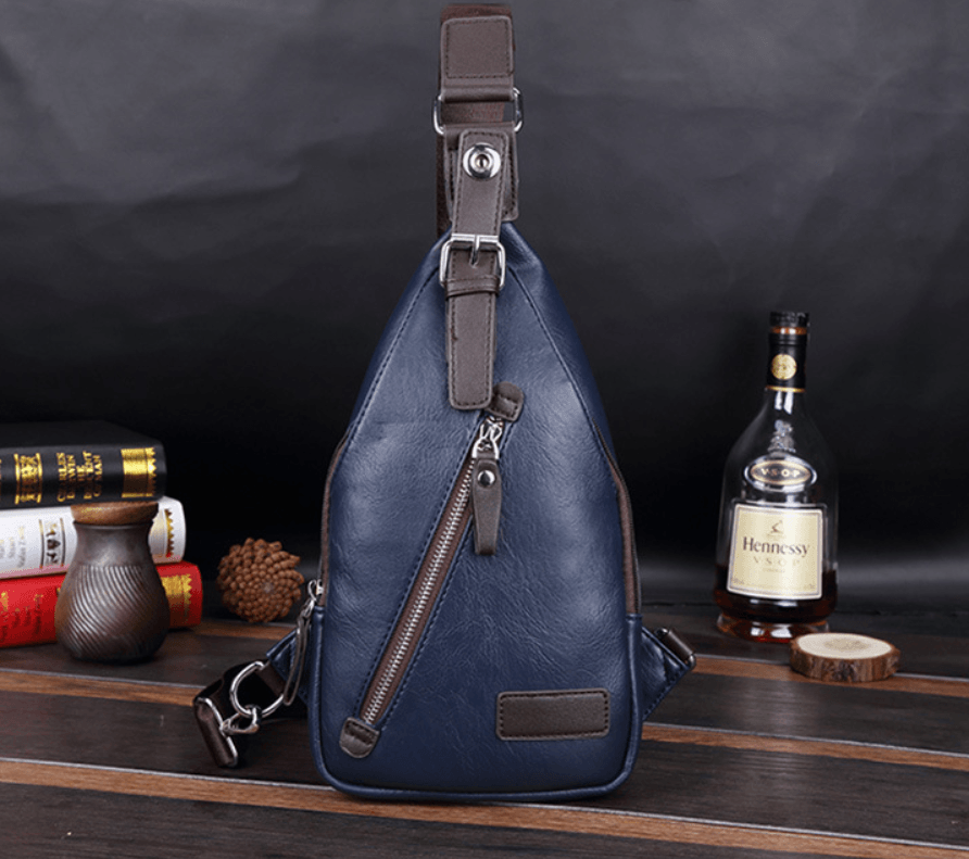 Stylish Chest Bag, Waist Bag, Shoulder Bag, Crossbody Bag in navy PU leather with zipper design.