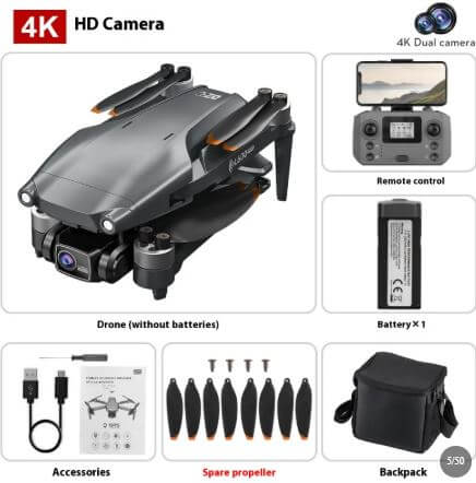 L600PRO Folding Four-axis Drone with 4K HD camera, accessories, remote control, and backpack.