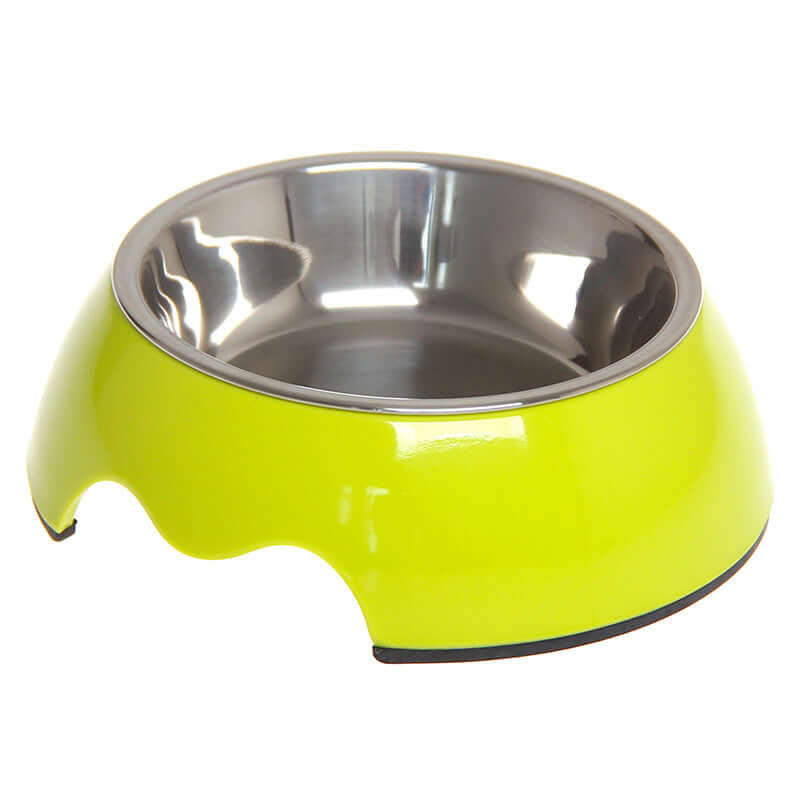 Non-Slip Dual-Use Stainless Steel Pet Bowl in vibrant yellow with a stainless steel inner bowl.